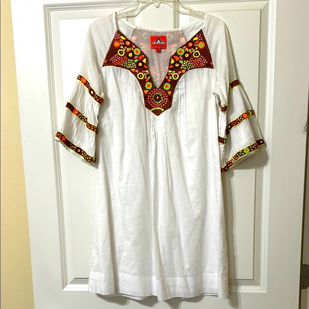 PIA PAURO Cotton Colorful Embroidered Bell Sleeve Dress, Size‎ Small